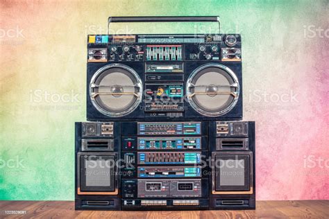 Retro Boombox Ghetto Blaster Outdated Portable Radio Receivers With Cassette Recorder From 80s