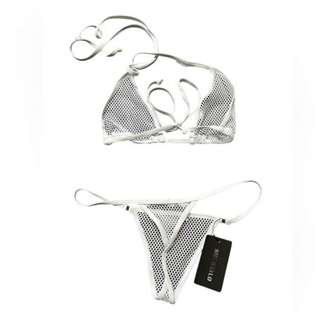 Sherrylo Swim Sherrylo White Fishnet See Thru String Thong Bottom Micro Bikini Size Large