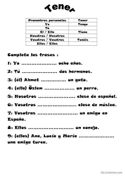 El Verbo Tener Espa Ol Ele Hojas De Trabajo Pdf Doc