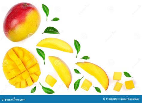 Mango Fruit And Slices Decorated With Leaves Isolated On White