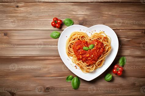 Heart Shaped Spaghetti With Tomato Sauce And Parmesan Cheeses On White