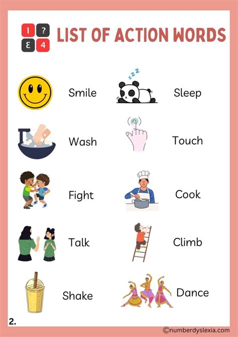 20 Action Words List With Pictures Pdf Included Number Dyslexia