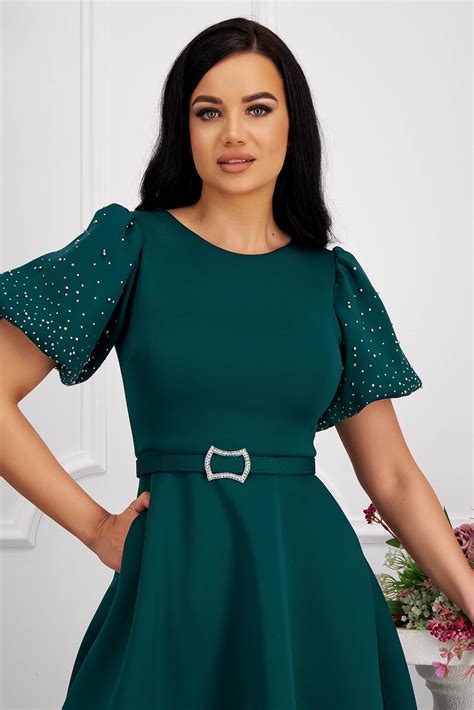 Rochie Din Neopren Verde Inchis Midi In Clos Cu Buzunare Laterale Si