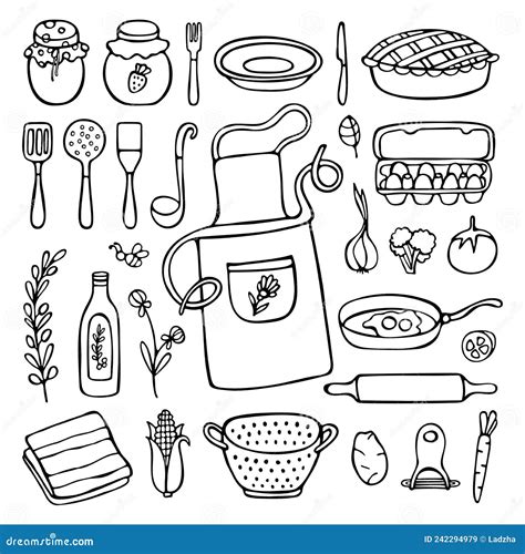 Kitchen Doodle Set Isolated In White Background Stock Vector