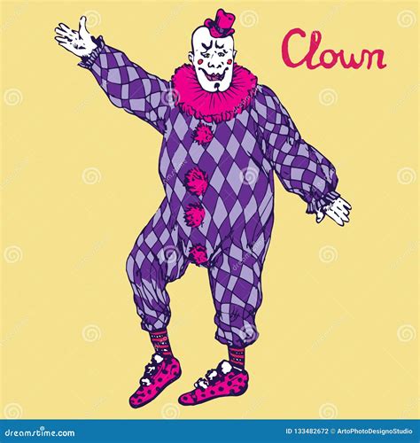 The Clown is Standing in Purple Checkered Costume Stock Vector