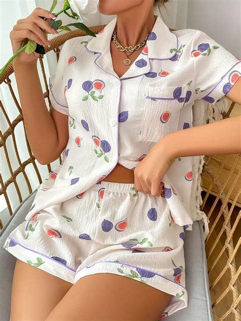 Fig Print Pajamas Set Short Sleeve Buttons Top Shorts Temu