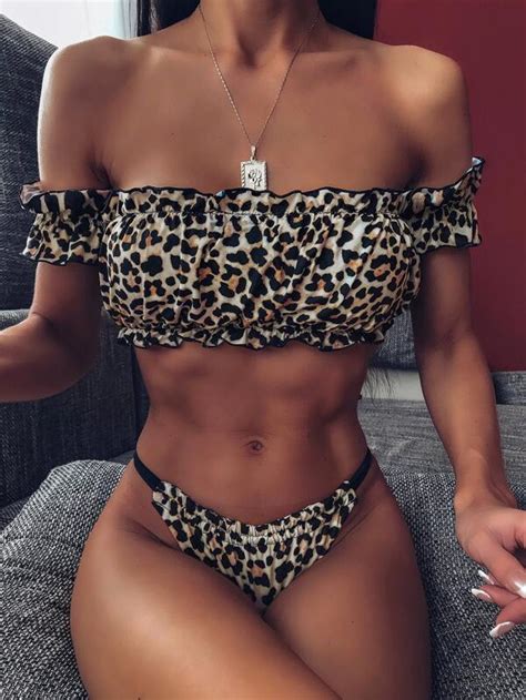 Leopard Off Shoulder Top With Tanga Bikini Set Shein Usa