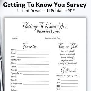 Employee Favorite Things Survey Coworker Questions Printable All