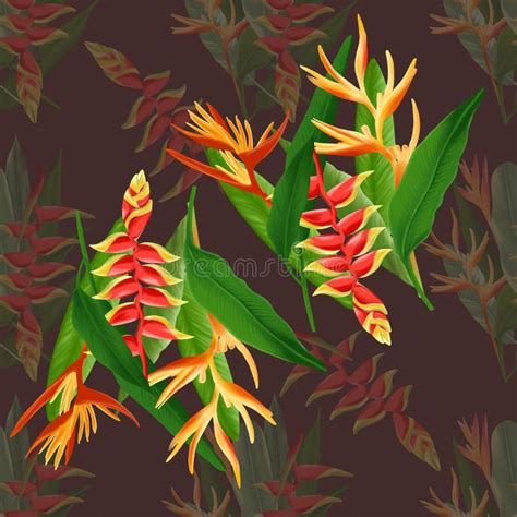 Bird Of Paradise Tropical Flower And Leaves Seamless Pattern Stock