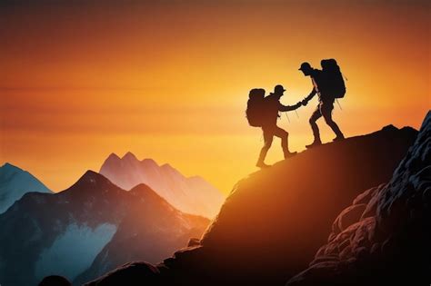 Premium AI Image | Two people hiking on a mountain with the sun setting ...