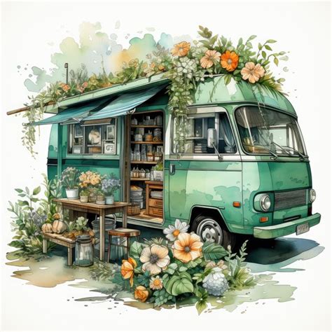 Watercolor Flower Market On Camper Van Clipart Generative Ai Premium