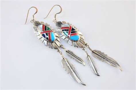 Long Native American Sterling Silver Inlay Feather Earrings Etsy