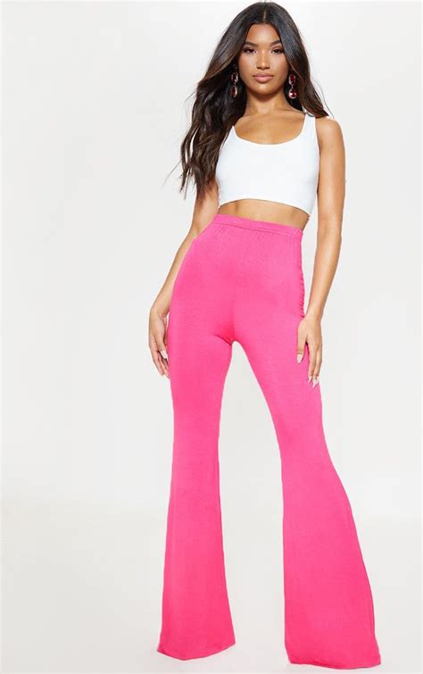 Hot Pink Basic Jersey Flared Trouser Top Summer Outfits Flare