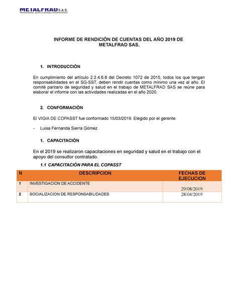 Informe Rendición DE Cuentas Copasst 219 2020 INFORME DE RENDICIÓN DE