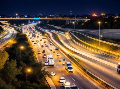 Carros de tráfego noturno na estrada rodoviária na noite do pôr do sol