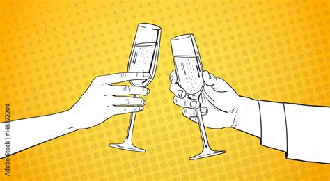 Sketched Couple Hands Clinking Glass Of Champagne Wine Toasting Pop Art