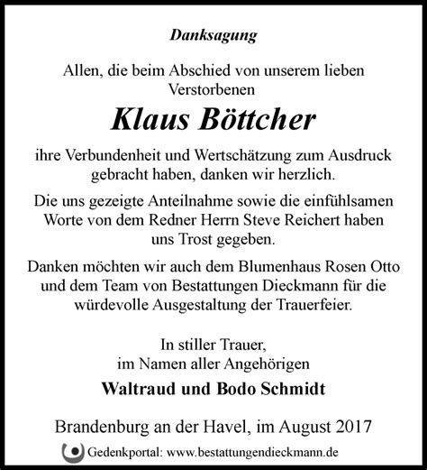 Traueranzeigen Von Klaus B Ttcher M Rkische Onlinezeitung Trauerportal