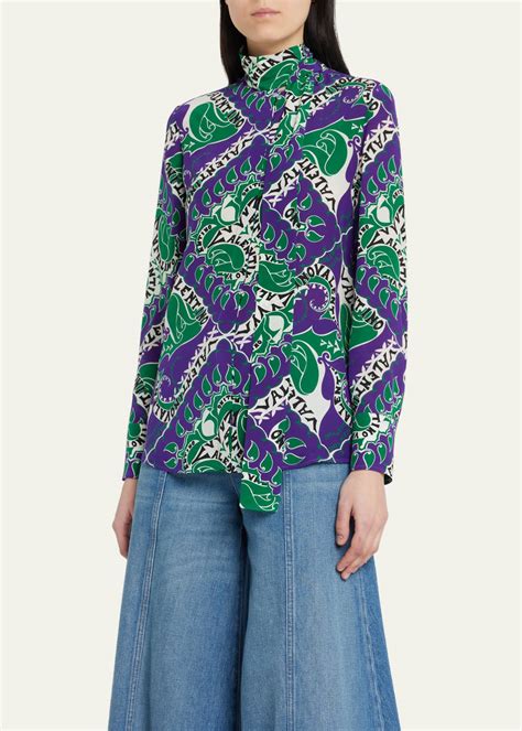 Valentino Garavani Logo Bandana Print Silk Scarf Neck Blouse Bergdorf