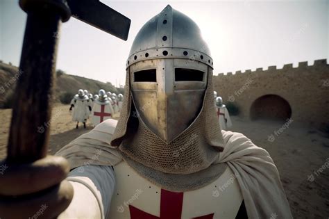 Premium Photo | Templar knight goes into crusade while taking selfie