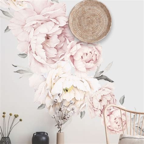 Peony Flowers Wall Sticker Vintage Watercolor Peony Wall Etsy