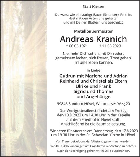 Traueranzeigen Von Andreas Kranich Trauer In NRW De