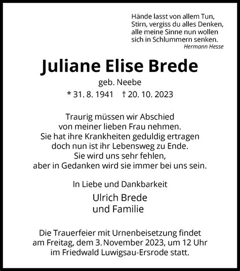 Traueranzeigen Von Juliane Elise Brede Trauer Hna De