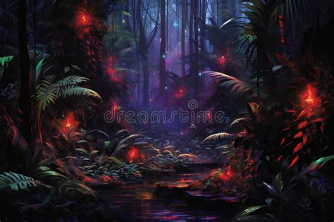 Fantasy Forest in Neon Light, Digital Painting Stock Illustration ...