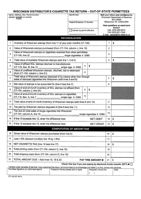 Form Ct 105 Wisconsin Distributors Cigarette Tax Return Out Of State Permittees Printable