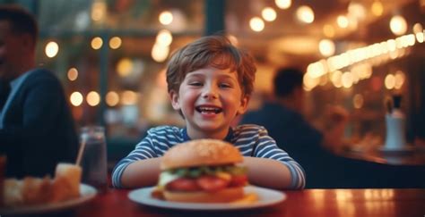 Lindo Ni O Feliz De A Os Con Una Hamburguesa En El Caf Foto Premium