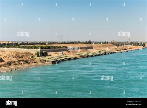 Suez Egypt November 5 2017 Pontoons Bridge For Crossing The Suez Canal Lie On The Shore Of