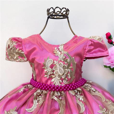 Vestido Infantil Pink Renda Dourada Realeza Cinto P Rolas Rosa