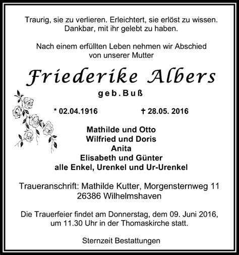 Traueranzeigen Von Friederike Albers Nordwest Trauer De