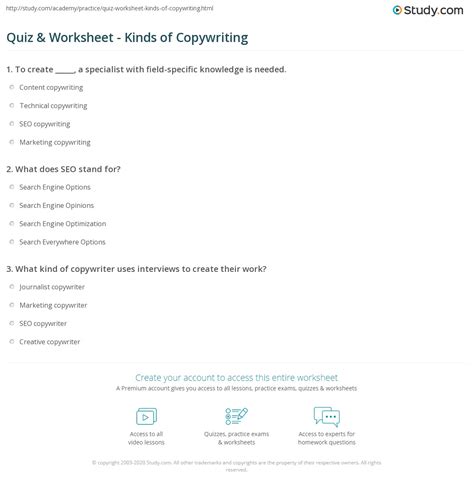 Quiz And Worksheet Kinds Of Copywriting