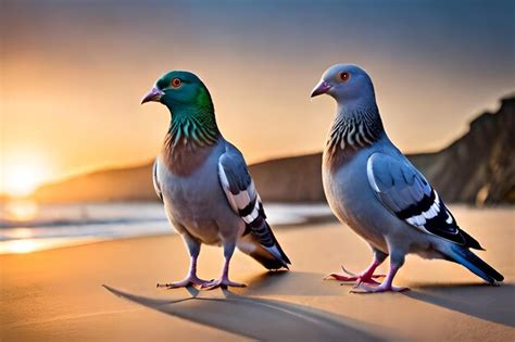 Dois pombos estão em uma praia o sol se pondo atrás deles Foto