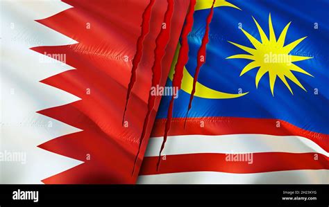 Bahrain and Malaysia flags with scar concept. Waving flag,3D rendering ...