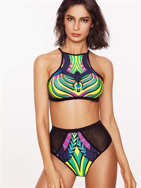 Printed Mesh Panel Cutout Back Bikini Set SheIn Sheinside