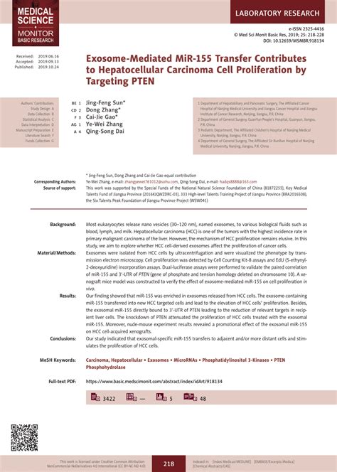 Pdf Exosome Mediated Mir 155 Transfer Contributes To Hepatocellular