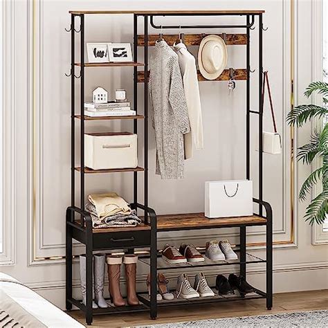 Hoobro Coat Rack Shoe Bench Industrial Hall Tree With Storage Shelf