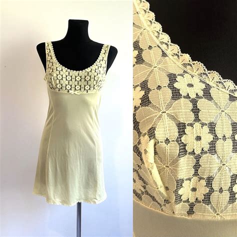 1980s Soviet Vintage Full Slip Negligee Yellow Nylon Lace Lingerie Underwear Nightgown Sexy