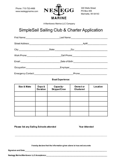 Fillable Online Simplesail Sailing Club Charter Application Fax Email