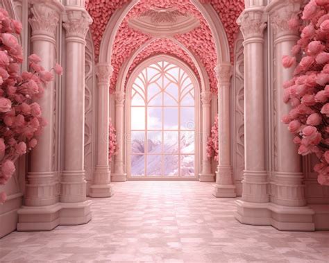 Red Roses are All Around the Door and Window of the Pink Castle. Stock ...