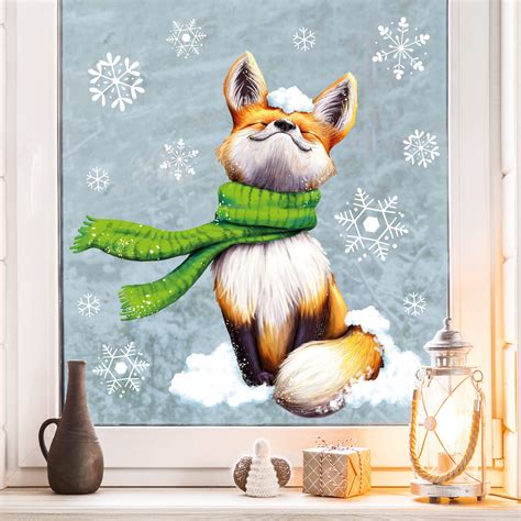 Fensterbild Weihnachten Winter Fuchs Mit Schal Und Schneeflocken