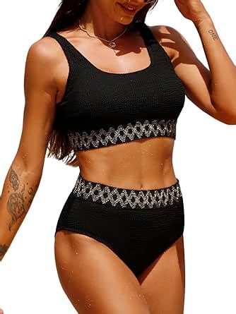 Amazon CUPSHE Women S Bikini Sets Tank High Waisted Wide Straps Scoop Neck Textured Bandeau