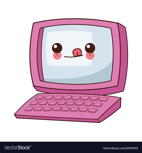 Desk computer with keyboard kawaii cartoon Vector Image