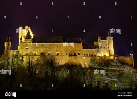 Segovia Alcazar Castle at night. Ancient Royal palace in Segovia Spain ...