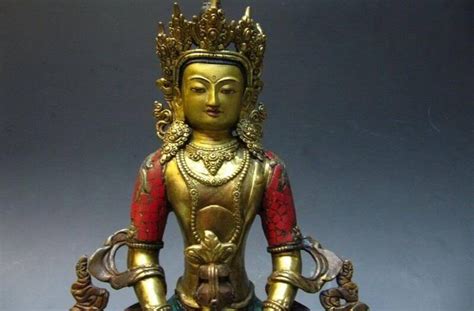 Tibet Buddhism Copper Bronze K Gild Inlay Turquoise Coral Amitayus