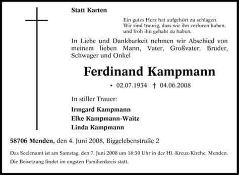 Traueranzeigen Von Ferdinand Kampmann Trauer In Nrw De