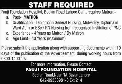 Fauji Foundation Hospital Lahore Jobs 2024 For Matron 2025 Job