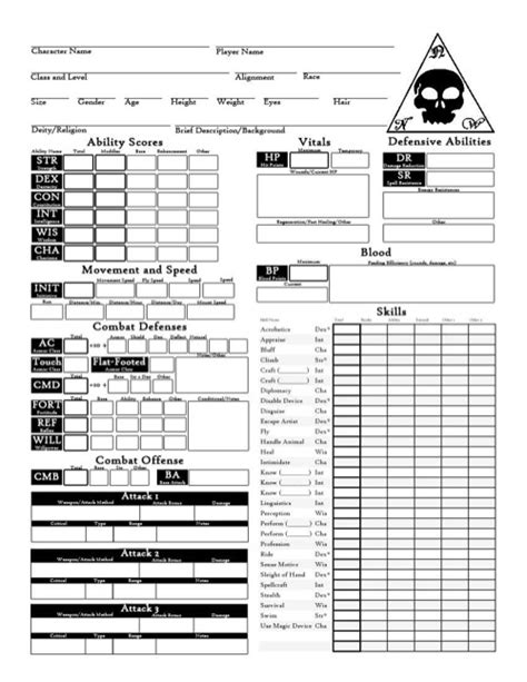 Pathfinder Rpg Character Sheet Printable