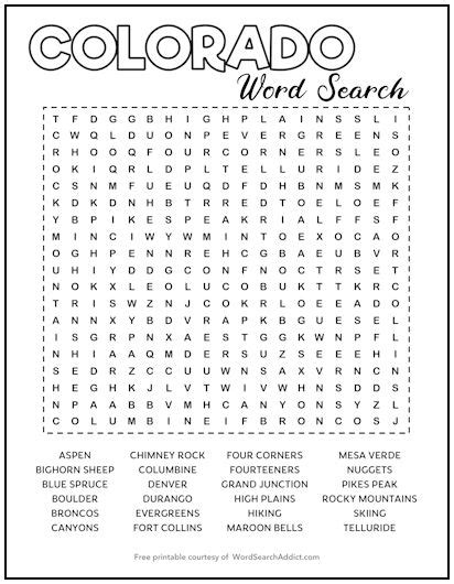 Colorado Printable Word Search Puzzle Word Search Addict